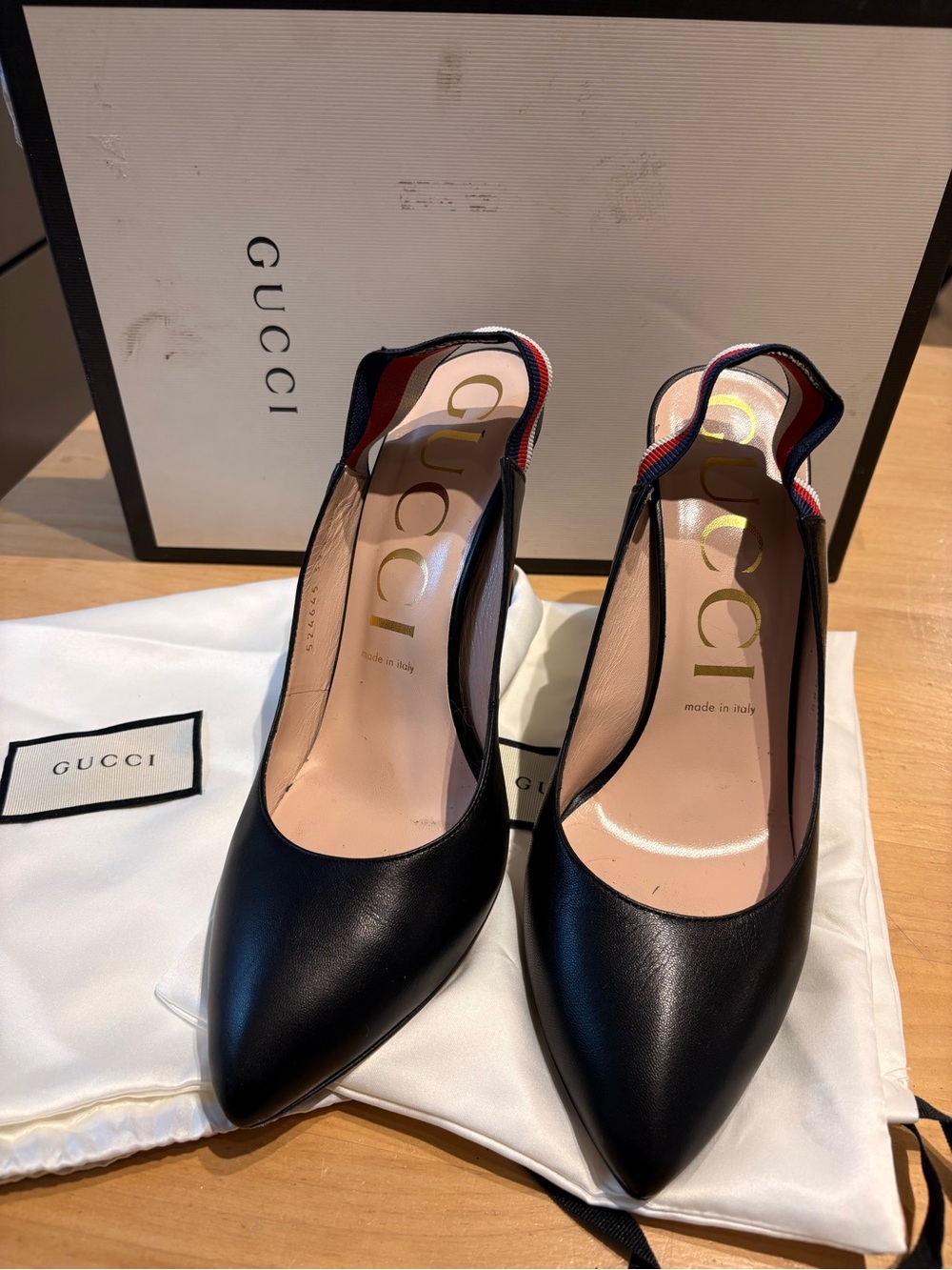 Gucci Black Leather Pointed Slingback Pumps with Red & Blue Webbing